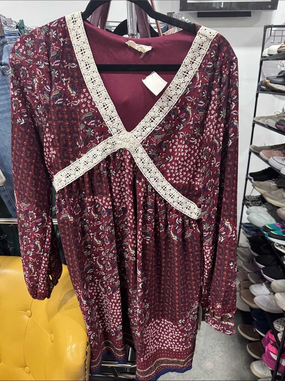 entro Burgundy Bohemian Lace-Trim Long Sleeve Dress